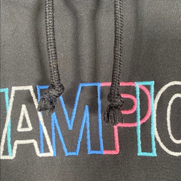 Champion Reverse Weave Hoodie M Black Multicolor Spellout Pullover Sweatshirt - Picture 4 of 9